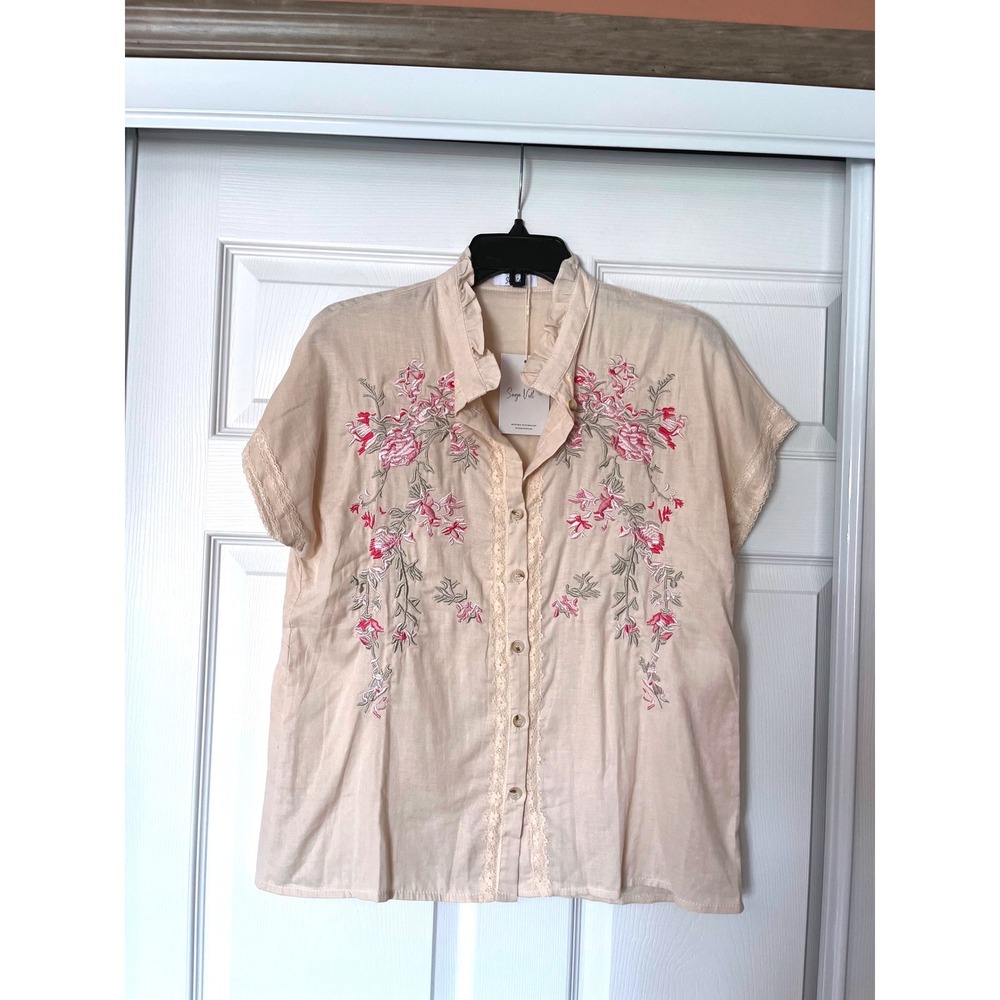 Sage Vell Cream Floral Embroidered Lace Trim Ruffle Collar Button Down Top NEW